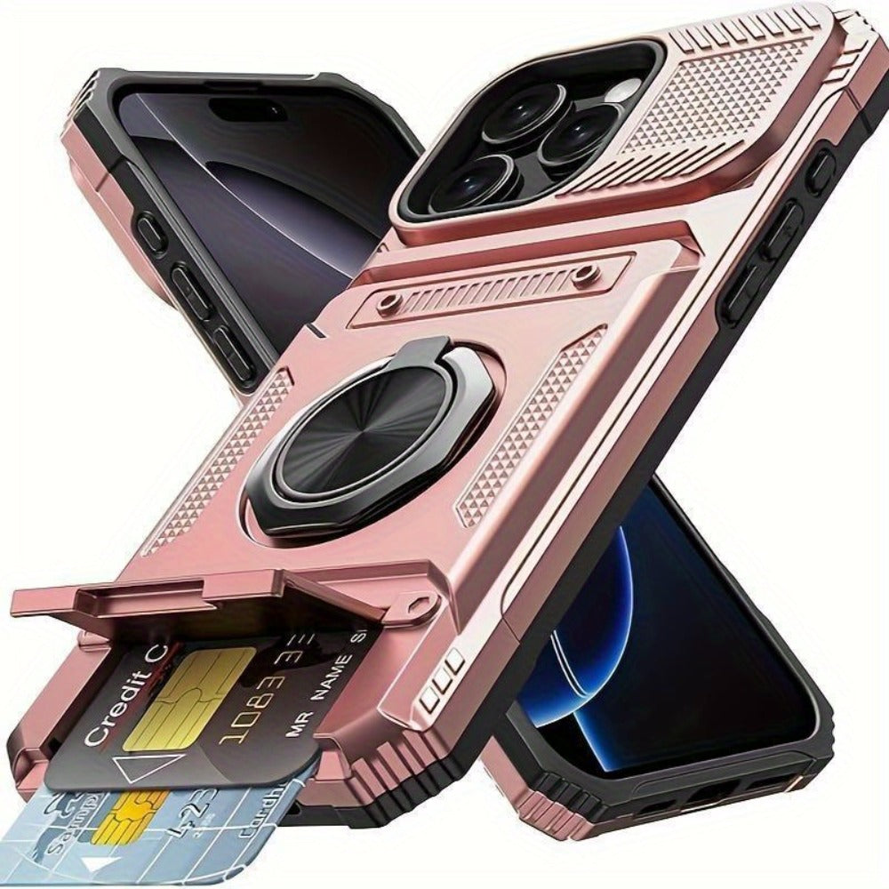 iPhone Card Slot Shockproof Case with Ring Holder & Kickstand – Wallet Phone Cover for iPhone 17 17 Air 17 Pro Max 16 15 14 13 12 11 Pro Max Plus Mini | Heavy Duty Drop Protection