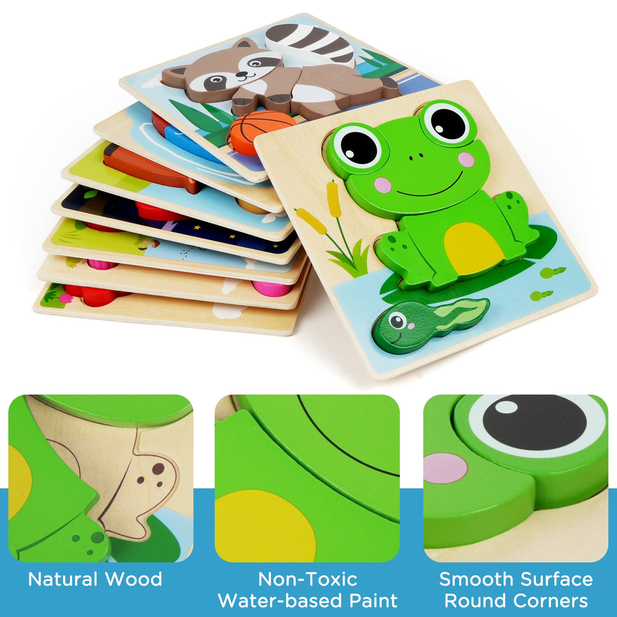 Wooden Animal Puzzles for Toddlers, 8-Pack – Colors & Shapes Learning Set Ages 1-3