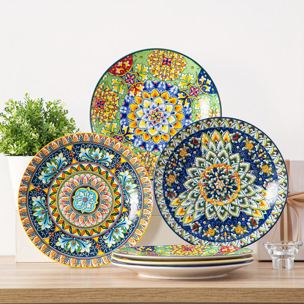 Bohemian Dinner Plates Set of 6 – 10.5 Inch Colorful Stoneware Plate Set Microwave Dishwasher Safe Scratch Resistant Porcelain Dinnerware for Home Restaurant Cafe Boho Kitchen Decor Gift