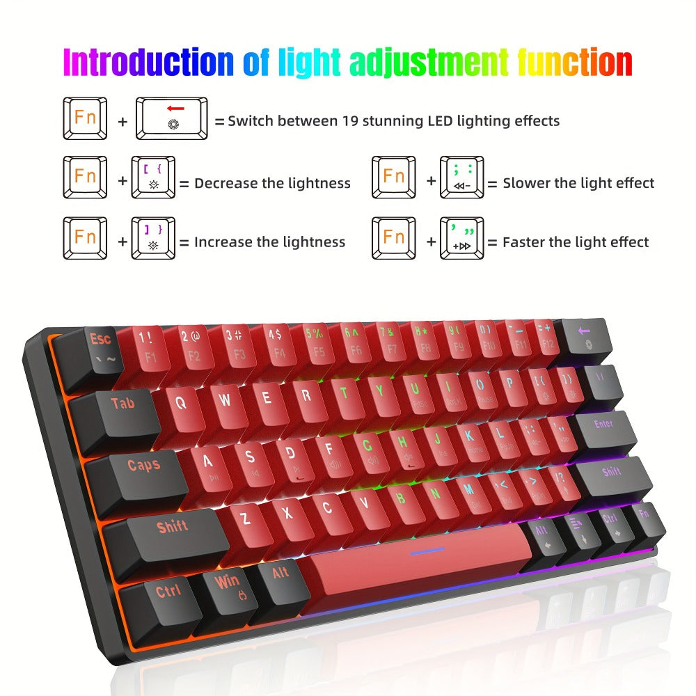 60% Mechanical Gaming Keyboard Wired 61 Keys Green Switch – Compact Tenkeyless Clicky Keyboard for PC Laptop Windows Gaming Typing | Black Red | Portable Desk Setup Keyboard