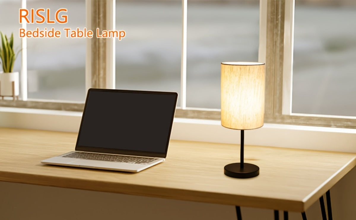Small Bedside Table Lamp Set of 2 – Linen Shade Nightstand Lamp with Cord Switch, 5W LED Bulb Included, Compact Desk Light for Bedroom Living Room Children's Room Office Dorm (Black / Beige Black)