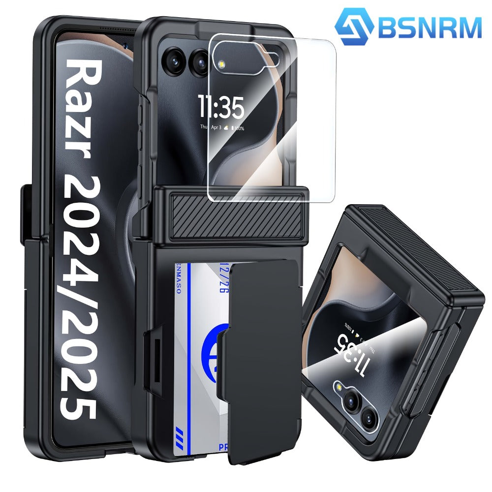 Motorola Razr 2025 2026 Hinge Protector Case with Built-In Screen Protector Card Slot & Lanyard - Shockproof Scratch-Proof Hard PC Flip Phone Cover for Razr 2025 Razr 2026 Complete Protection