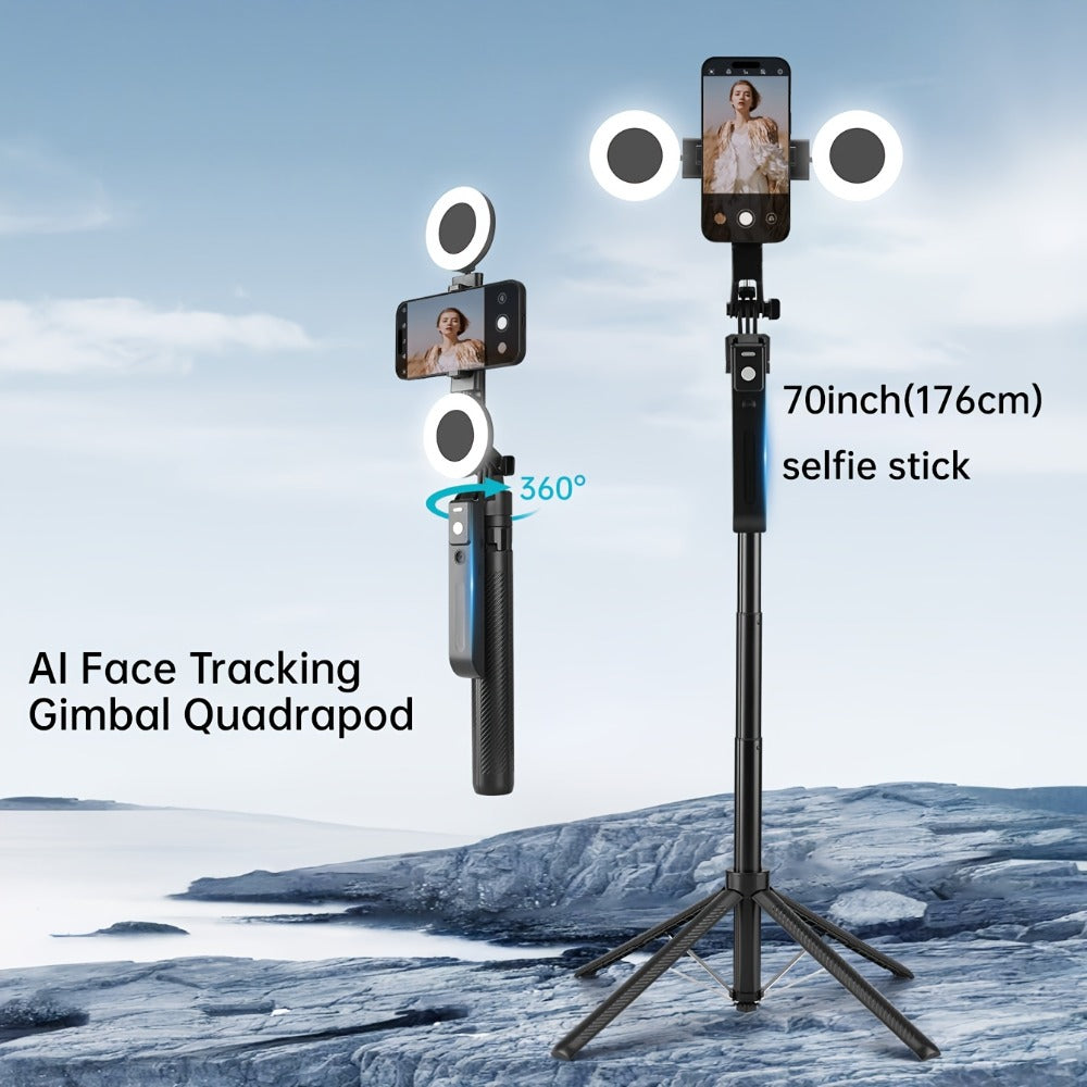 AI Tracking Tripod with Built-In LED Fill Light & Bluetooth Remote – 360° Auto Face & Body Tracking Adjustable Phone Stand for iPhone Android Camera, TikTok YouTube Live Streaming Vlogging Zoom