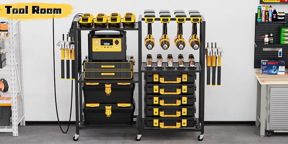 Mobile Tool Cart with Charging Station – 12 Drill Holders & 5 Storage Shelves Power Tool Organizer | Rolling Utility Rack Toolbox with Battery Charging Power Strip for Garage & Workshop | 4 Colors