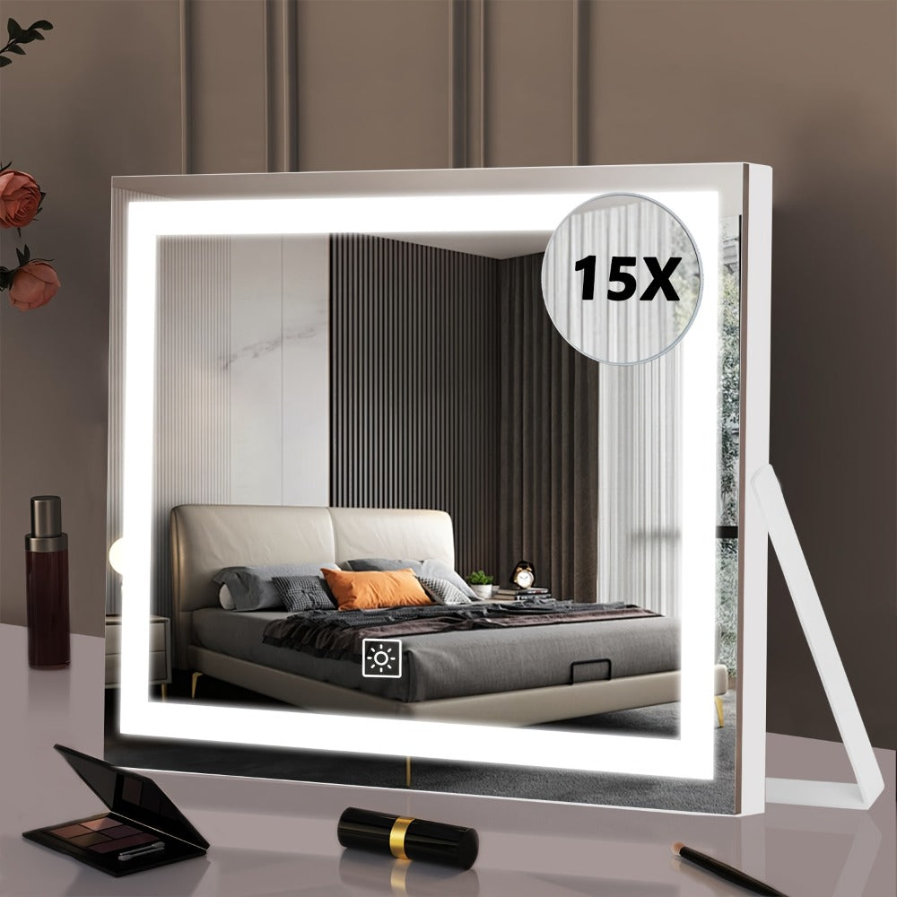 LED Vanity Mirror with Lights & 15X Magnifier – 3 Color Temperature Modes, Smart Touch Adjustable Brightness, 360° Rotation Makeup Mirror for Bedroom Bathroom Dressing Table, Gift for Women Girls