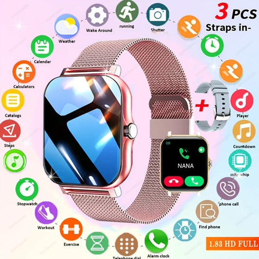 Gift Smartwatch Metal Strap – Wireless Calling, Music Player, App Notifications, Sports Mode, USB Rechargeable – Elegant Watch Gift for Women & Men Pink Black Silver Gold Android & iPhone
