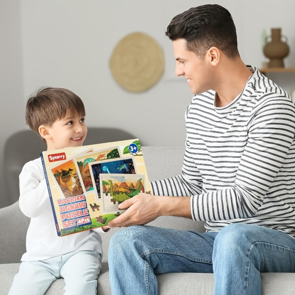 Dinosaur Wooden Jigsaw Puzzle Set for Kids, 4 Puzzles with 24 Pieces Each