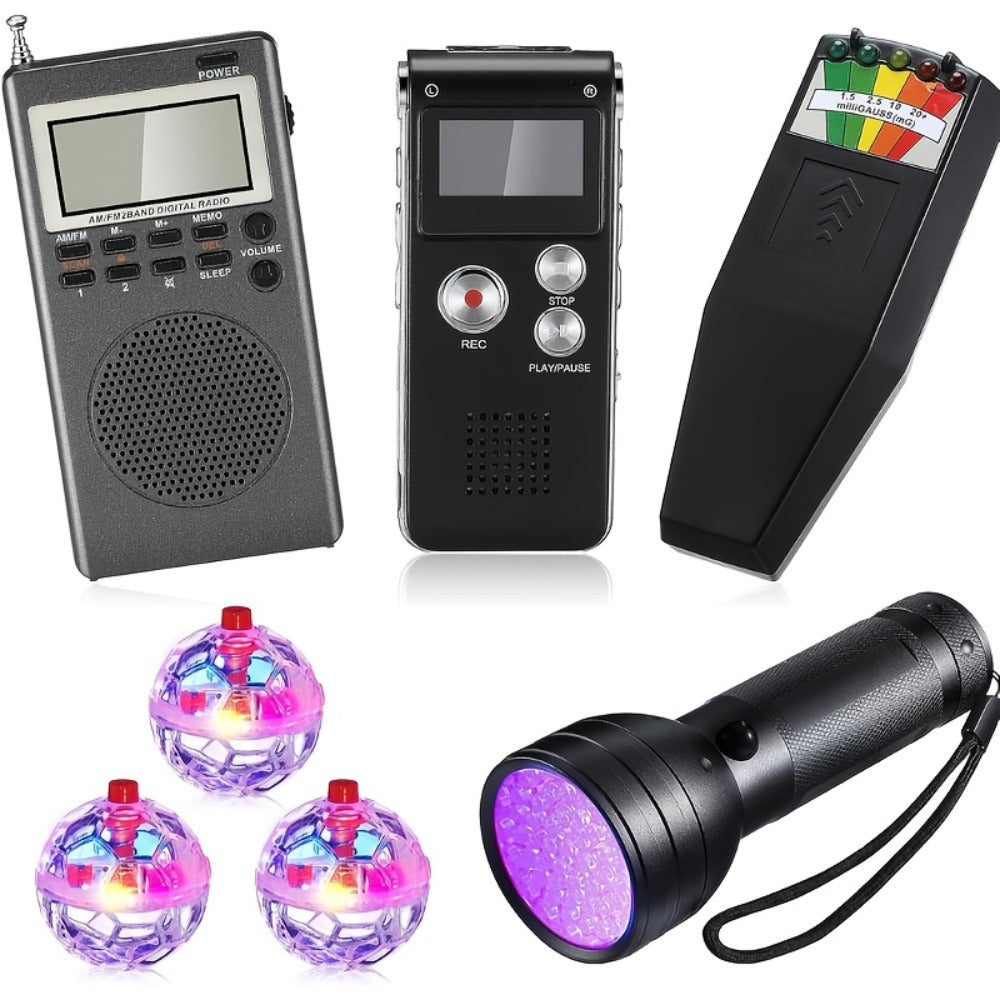 Ghost Hunting Equipment Kit 7pcs, EMF Electromagnetic Paranormal Detector, Digital EVP Voice Recorder 8GB, Handheld Radio, UV Flashlight, LED Cat Balls, Paranormal Investigation Set for Beginners & Pros