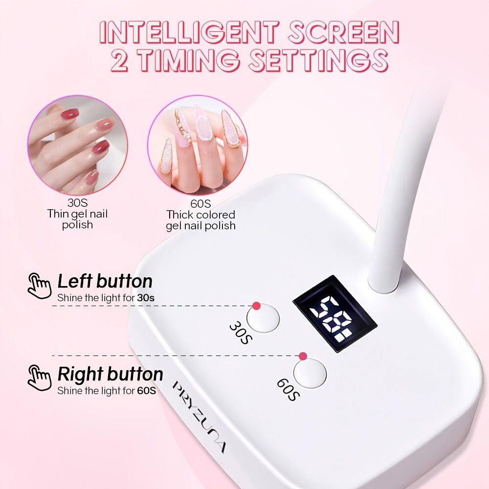Gooseneck LED Nail Lamp 360° Flexible Portable USB Rechargeable Gel Nail Dryer Auto Sensor LCD Display 2 Timer Settings 9-Bead Dual Light Quick Dry for Home Salon Gel Polish Nail Art White