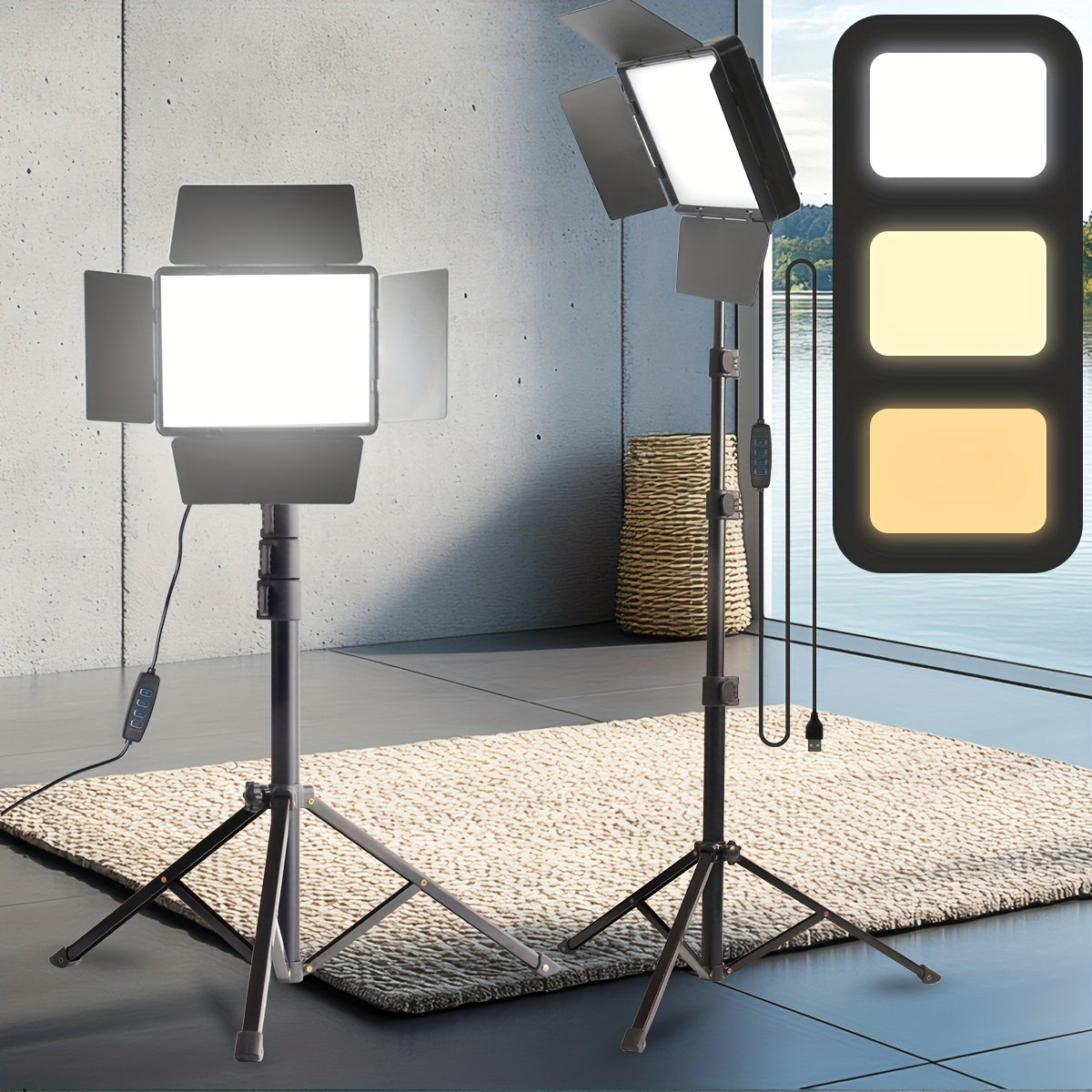 LED Fill Light Kit Studio Photography Lighting Set 10-Inch Square Dimmable 3 Color Modes with 51-Inch Adjustable Tripod 4pcs Baffles for Video Recording Live Streaming Selfie Conference Photo Studio