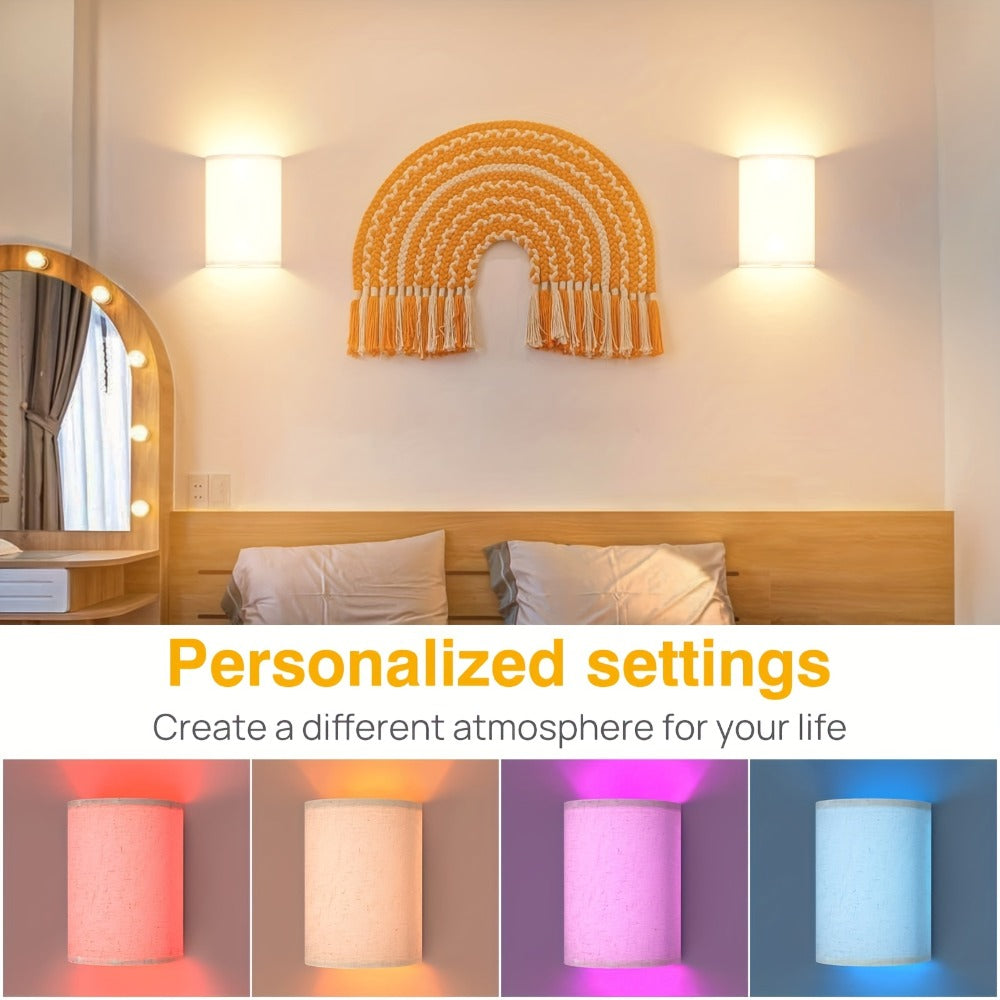 Rechargeable Wall Sconce Set of 2 – Wireless Fabric Shade Wall Light with Remote Control, Magnetic Puck Light, Dimmable CCT or RGB Color, No Wiring for Bedroom Living Room Hallway Decor