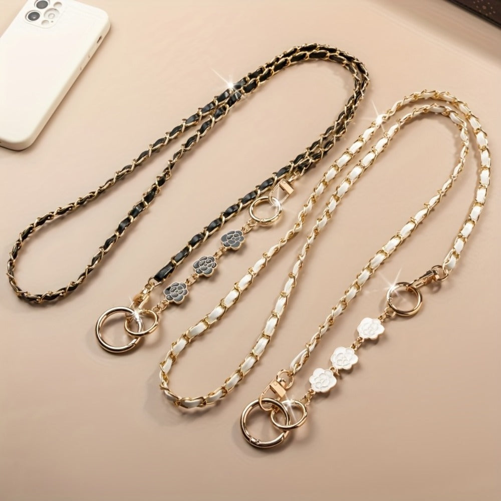 Crossbody Phone Strap Long Chain Pearl Camellia Metal Charm Elegant Lanyard for Women Girls – Clip-On Universal Fit iPhone Samsung Black White 2-5pcs Gift Set