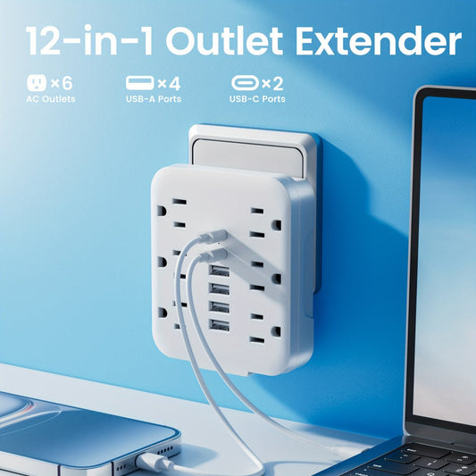 Bedside Wall Power Strip 12-in-1 with 6 AC Outlets, 4 USB-A & 2 USB-C Ports – Multi-Socket Charging Station for Home, Office, Bedroom & Travel, White & Black