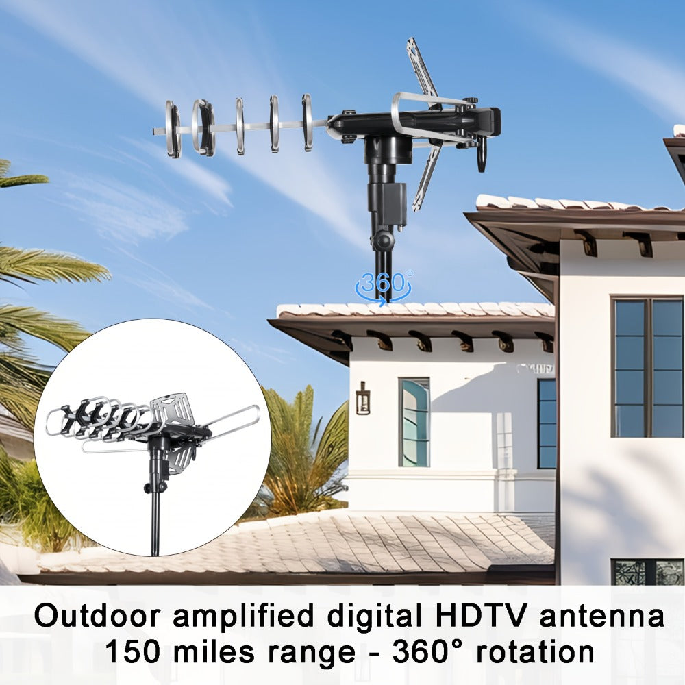 Outdoor TV Antenna 150 Mile Motorized 360° Rotation – Snap-On Install, Supports 2 TVs Simultaneously, 33FT RG6 Coax Cable, Mounting Pole Included, Wireless Remote, Free Local Channels, No Monthly Fee