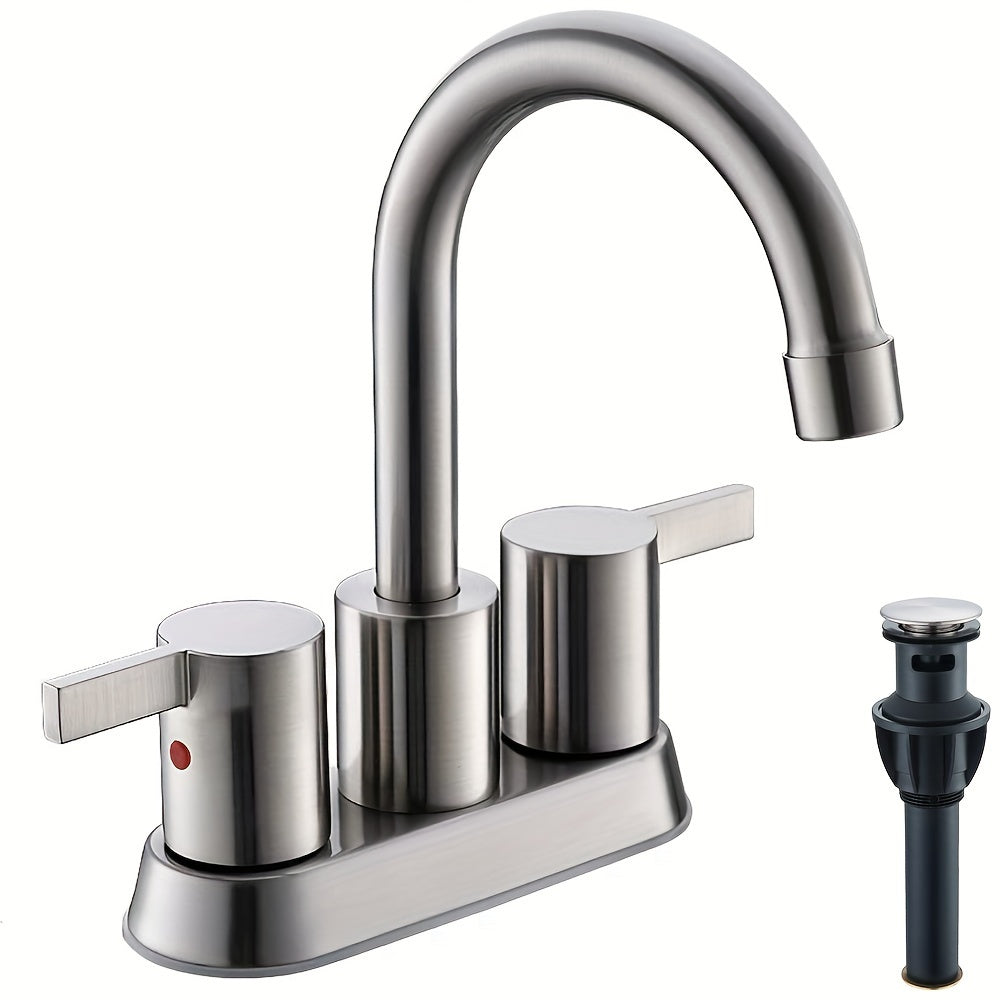Bathroom Faucet 4-Inch 2-Handle Centerset – 360° Swivel Spout, Pop-Up Drain & Supply Lines Included, 2-3 Hole Vanity Sink Faucet for RV & Home, Brushed Gold, Matte Black, Nickel & Chrome