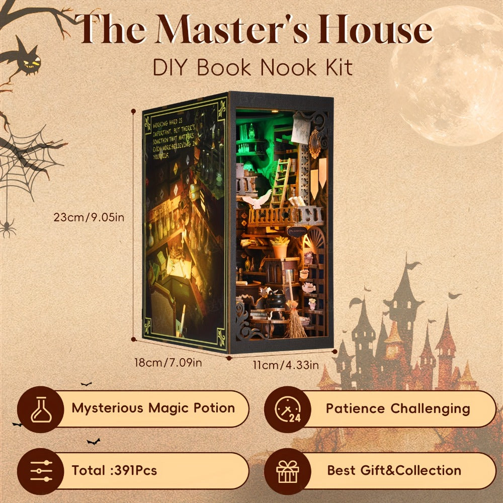 LED Book Nook Kit – Master's House DIY 3D Wooden Vintage Alley Bookshelf Insert