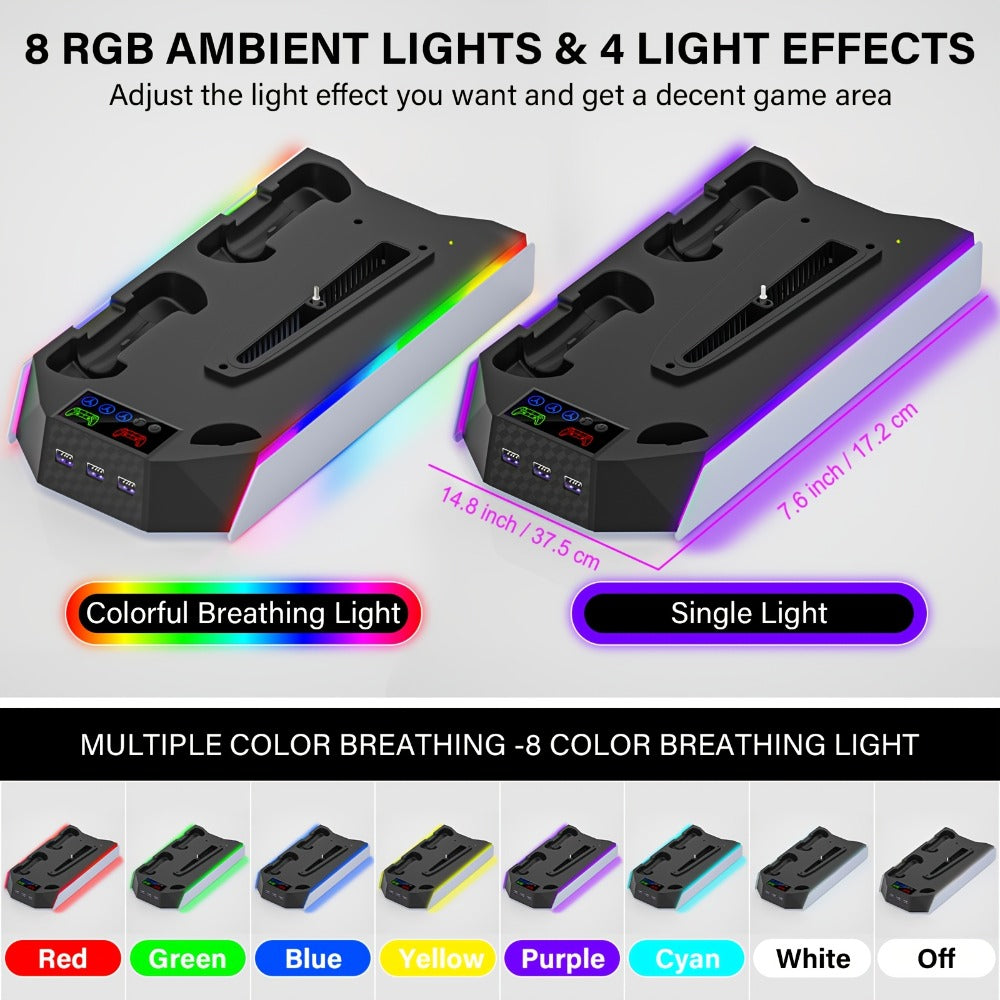 Headset Holder PS5 Cooling Stand with RGB Light, 3-Level Fan, Controller Charger & 3 USB Ports – Compatible with PS5 / PS5 Slim / PS5 Pro Disc & Digital Edition Console