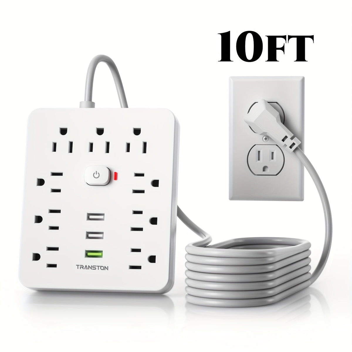 45° Tilt Plug Power Strip 12-in-1 Surge Protector with 9 AC Outlets & 3 USB Ports, 10ft Long Extension Cord, Advanced Overload Protection for Home, Office & High-Power Devices