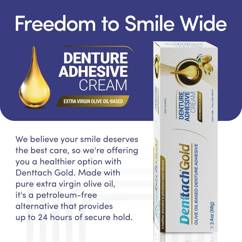 Denture Adhesive Cream Zinc-Free Olive Oil Formula – All Day Strong Hold for Full & Partial Dentures Petroleum-Free Non-Toxic Denture Glue 2.4 oz Secure Comfortable Fit for Seniors Daily Use