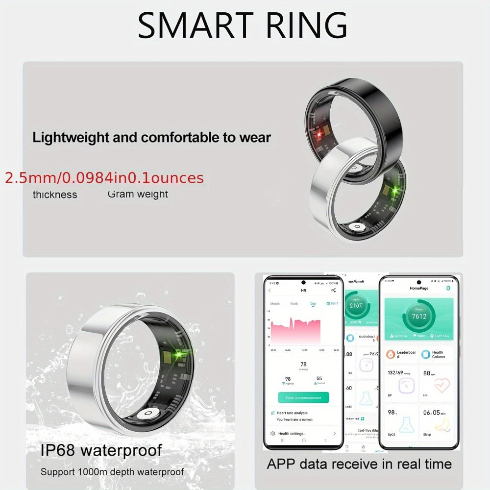 Smart Ring Health & Fitness Tracker Titanium – IP68 Waterproof, Sleep Heart Rate Step Calorie Stress Monitor, BLE 5.3 Magnetic Charging, Android iOS Compatible | Men Women Gift | Black Silver