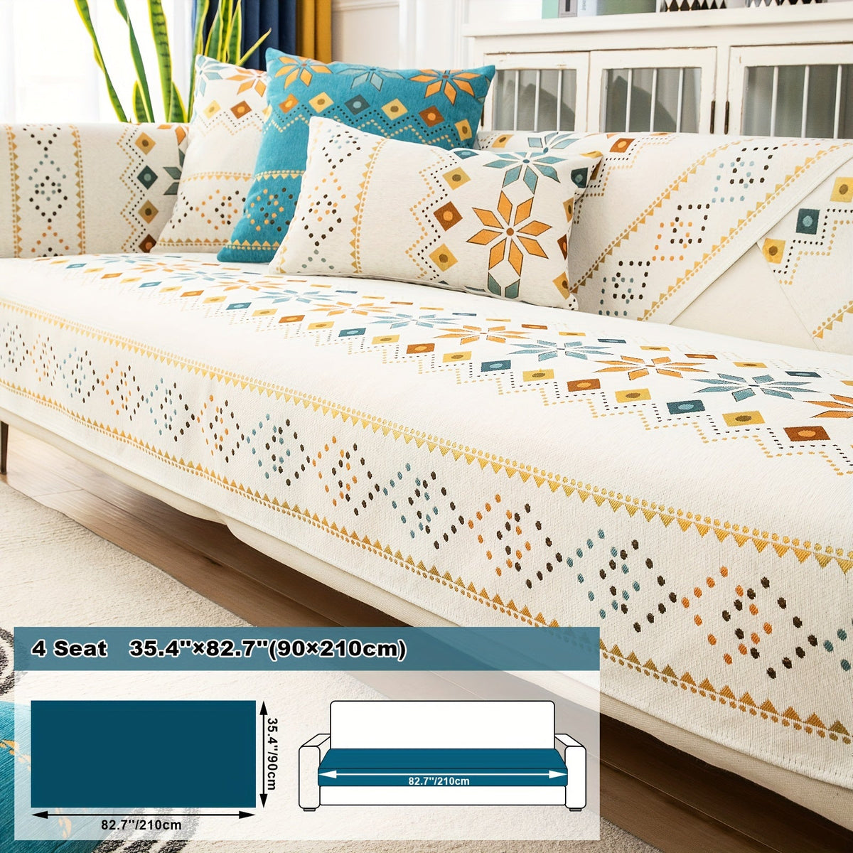 Bohemian Chenille Sofa Cover | Geometric Print Non-Slip Couch Slipcover, Thick Plush Boho Style, 1 to 4 Seat, Armrest & Backrest, Machine Washable, Sectional Sofa Protector