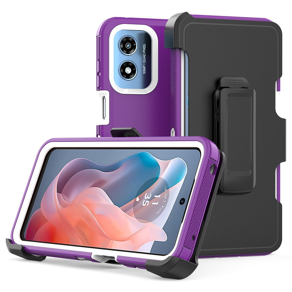 Moto G Play 2024 Heavy Duty Case Belt Clip Holster Kickstand - 3-in-1 Rugged Shockproof Protective Cover with Multi-Layer Drop Protection for Motorola Moto G Play 2024, Black Orange Blue Purple Green