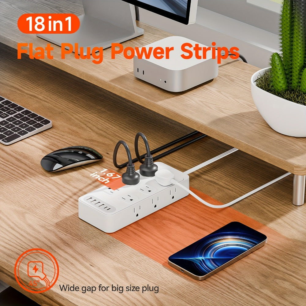 Flat Plug Power Strip 18-in-1 Fire-Resistant Surge Protector with 12 AC Outlets & 6 USB Ports (4 USB-A & 2 USB-C), 5ft Extension Cord, Charging Station for Home, Office & Travel