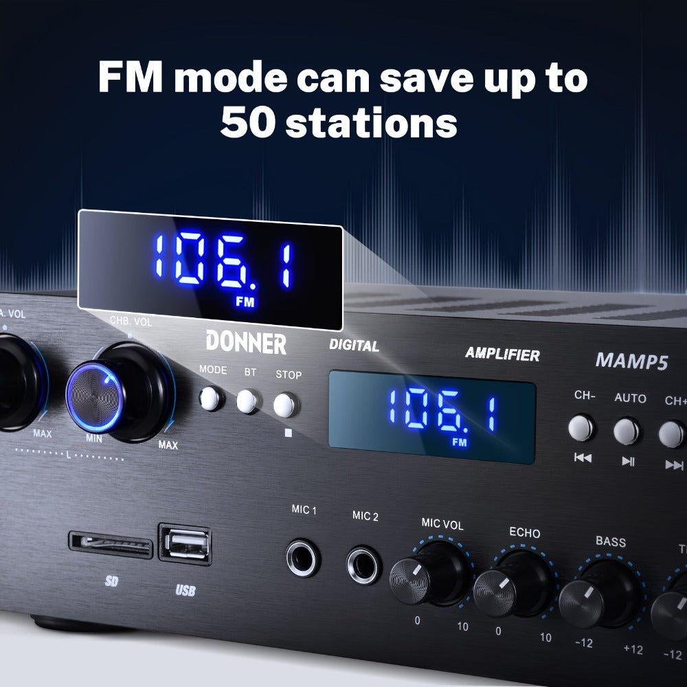 Donner 4-Channel Home Stereo Receiver Amplifier with USB SD FM Radio, Dual Mic Input Echo, RCA, LED Display for Home Sound System Karaoke Living Room