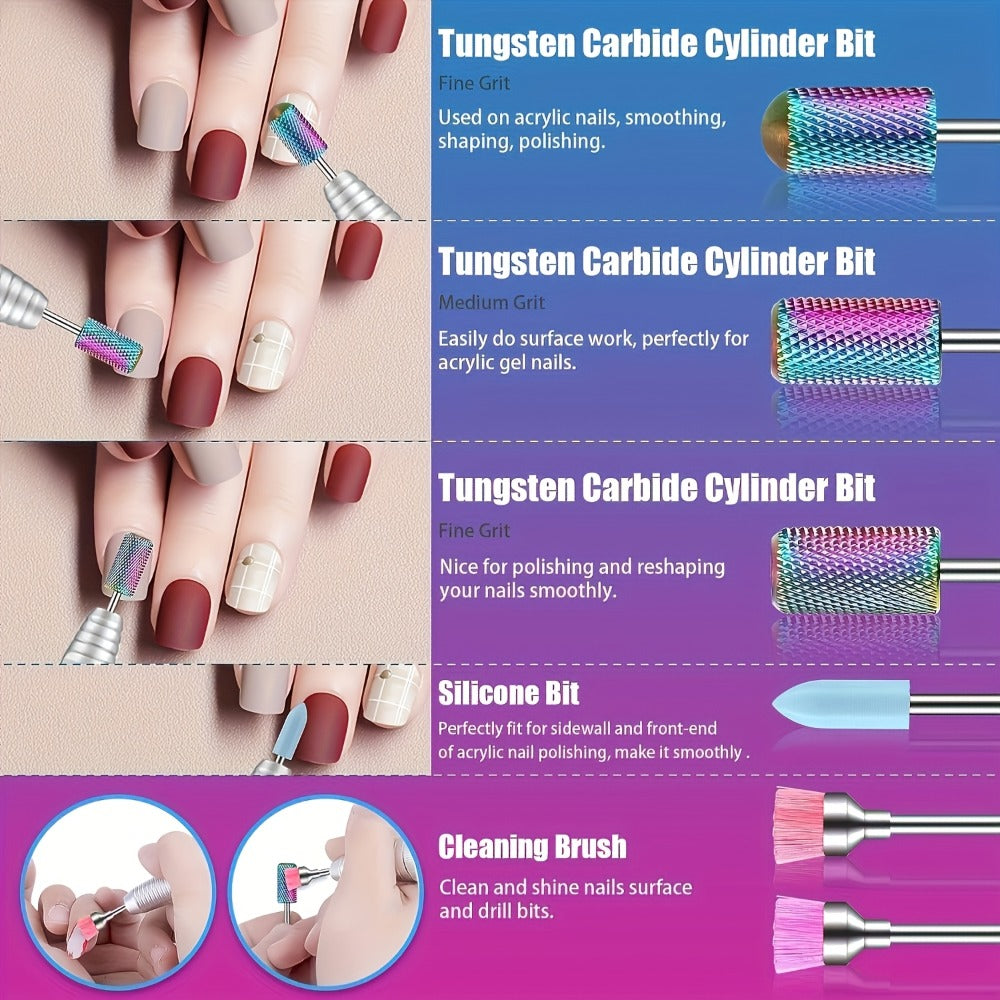 Nail Drill Bit Set Tungsten Steel & Ceramic Grinding Heads with Storage Box for Gel Removal Nail Enhancement Polishing Shaping Multi-Grit Abrasive Bands Coarse Medium Fine Electric Nail Drill Machine