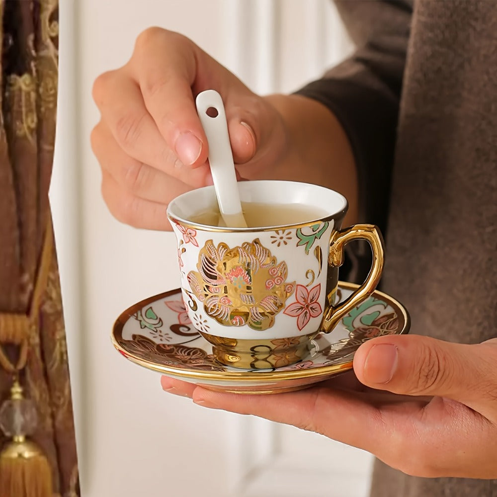 Floral Ceramic Tea Set 20 Pcs – European Porcelain Tea Cups & Saucers with Metal Holder & 15 Oz Teapot – Luxury Arabic Coffee Cup Set for Espresso, Cappuccino & Afternoon Tea – Elegant Gift
