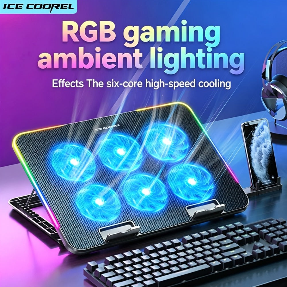 Laptop Cooling Pad ICE COOREL 6 Fans 12-17.3 Inch 5 Adjustable Heights 2 USB Ports RGB Gaming Laptop Cooler Stand Full Coverage Heat Dissipation for Gaming Work Home Office A9 A9R