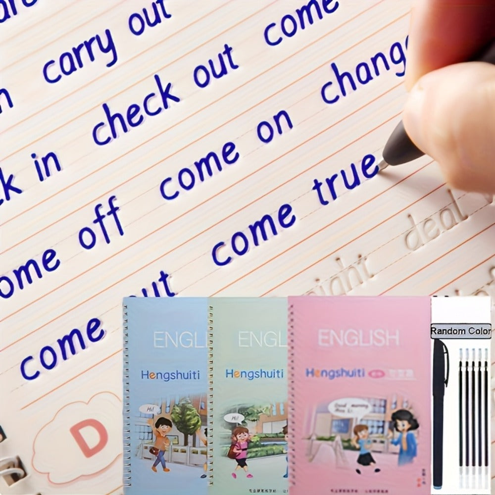 Reusable Handwriting Practice Books for Kids Ages 3-8 – 4 Books + Pen + 10 Refills + Holder, Wipe Clean Calligraphy Writing Workbook Set, English Letter Tracing for Preschool Kindergarten Boys Girls