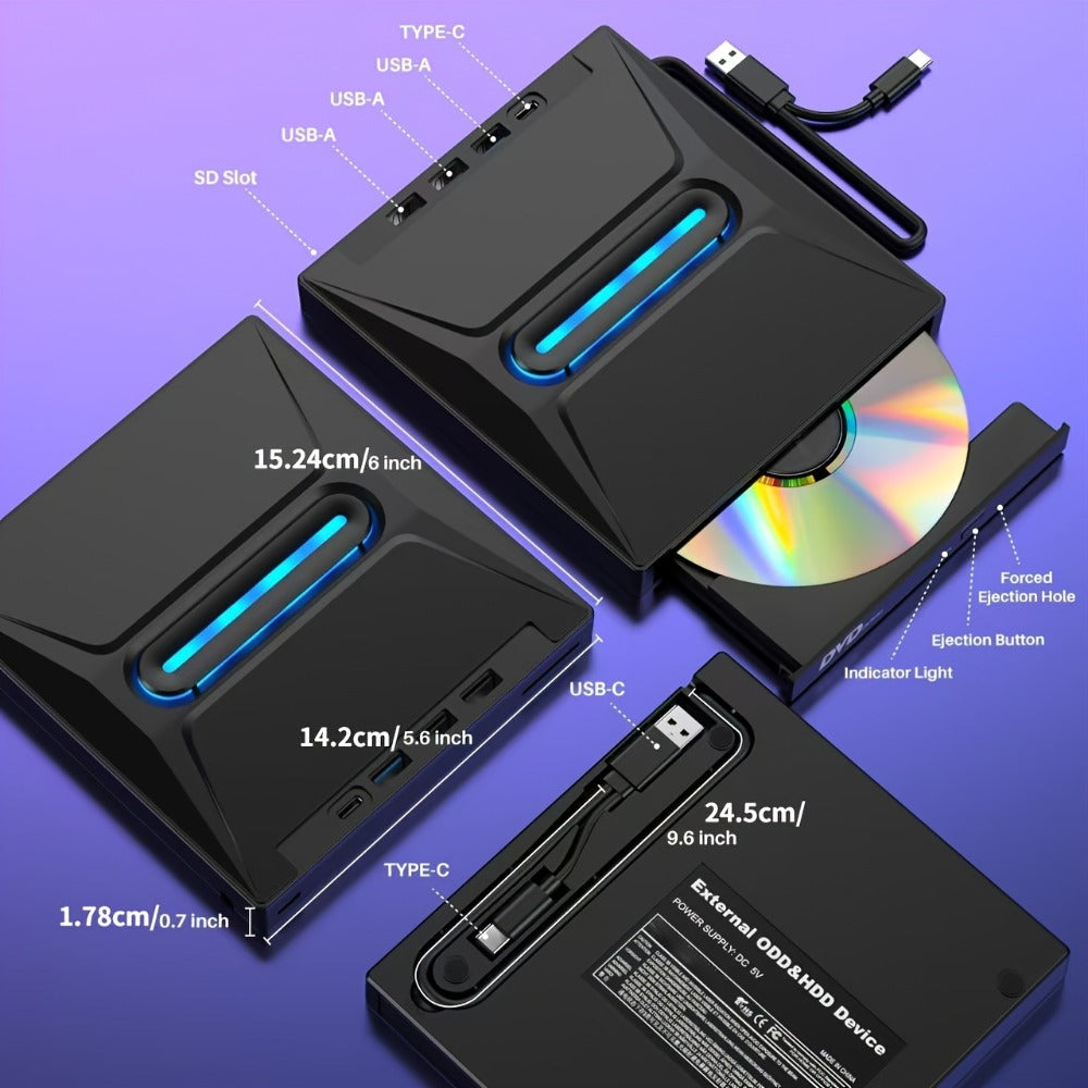 8-in-1 Luminous External CD DVD Drive USB 3.0 & Type-C - Portable CD/DVD±RW Burner Player Hub with 3 USB Ports, TF/SD Card Reader, Compatible with Laptop Desktop PC Windows Linux
