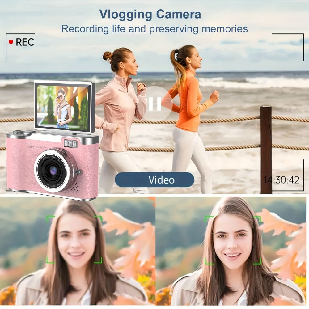 1080P Vlogging Camera for Beginners with 32GB Card 2.4 Inch LCD Screen Rechargeable Digital Camera for Photos Videos Webcam Use Compact Point and Shoot Camera Gift for Teens Kids Adults White Black Pink