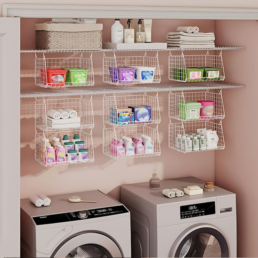 Hanging Laundry Basket Organizer 3pcs - Foldable Laundry Bag with 360° Rotating Hook for Washing Machine & Drying Rack, Space Saving Metal Mesh Laundry Hamper for Bathroom, Laundry Room | Black & White