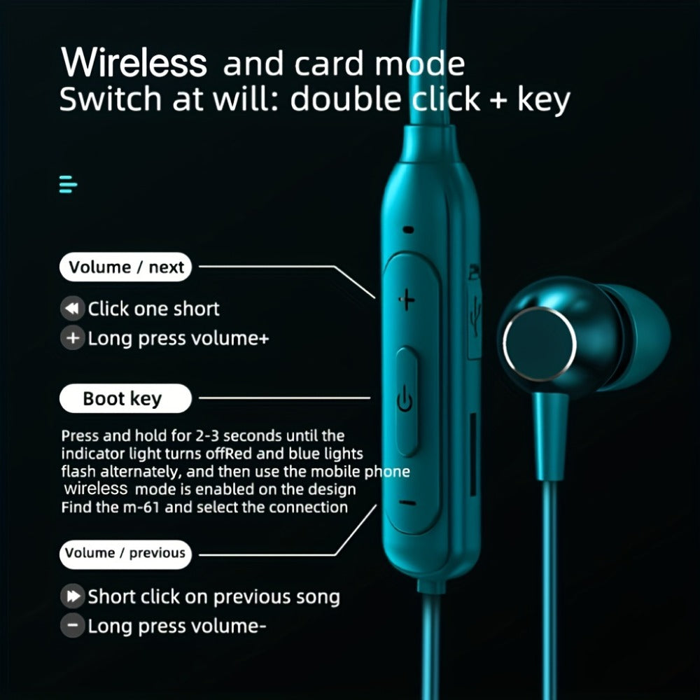 Neckband Magnetic Wireless Earbuds 20H Playtime 230mAh In-Ear Noise Canceling Sports Headphones with Mic Pluggable Memory Card Long Standby for Running Gym Workout Travel