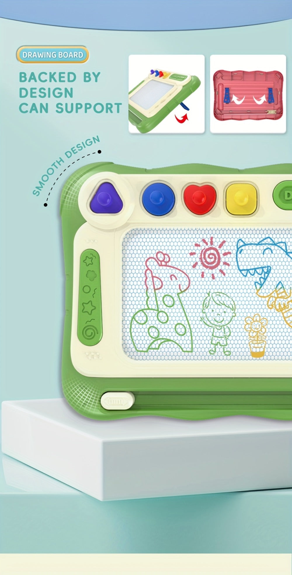 Kids Drawing Board Easel Upgraded with 4 Stamps & Paintbrush – Sturdy Legs Brackets Early Learning Art Toy for Toddlers Boys Girls Ages 3-8 Birthday Easter Christmas Gift Blue Pink Green