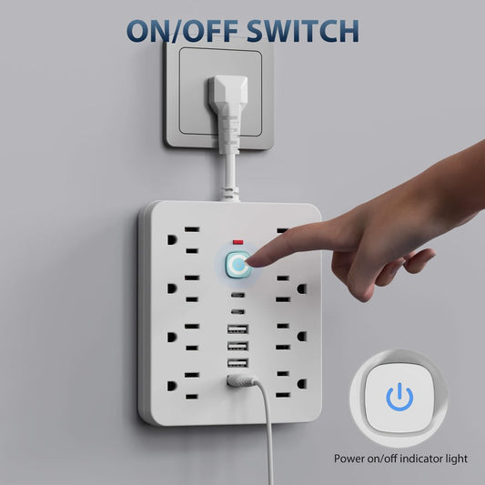 14-in-1 Power Strip with Individual Switches & Overload Protection – 8 AC Outlets, 4 USB-A & 2 USB-C Ports, Multi-Plug Wall Surge Protector for Office Home Travel, White & Black