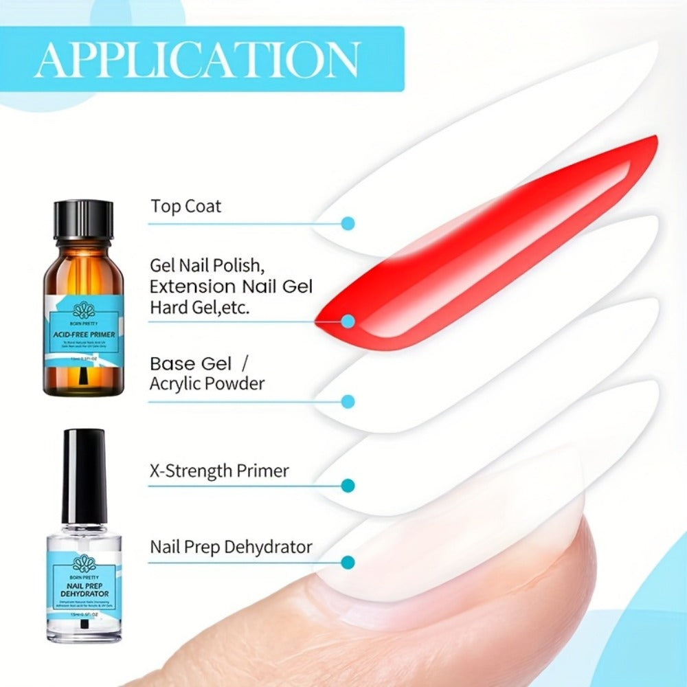 Gel Nail Prep Kit 4-Piece BORN PRETTY — Nail Dehydrator 15ml, Primer 15ml, Base Gel 10ml & Super Top Coat 10ml for Semi-Permanent Long-Lasting Gel Manicure, Salon & Home Use