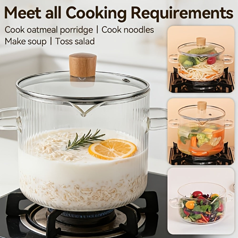 Glass Saucepan Set 2-Pack Stovetop Safe Borosilicate Ribbed Pots with Lids – 78oz & 54oz Heat Resistant Cookware for Soup, Ramen, Milk | Transparent Glass Pot Kitchen Cooking Set with Baking Mat