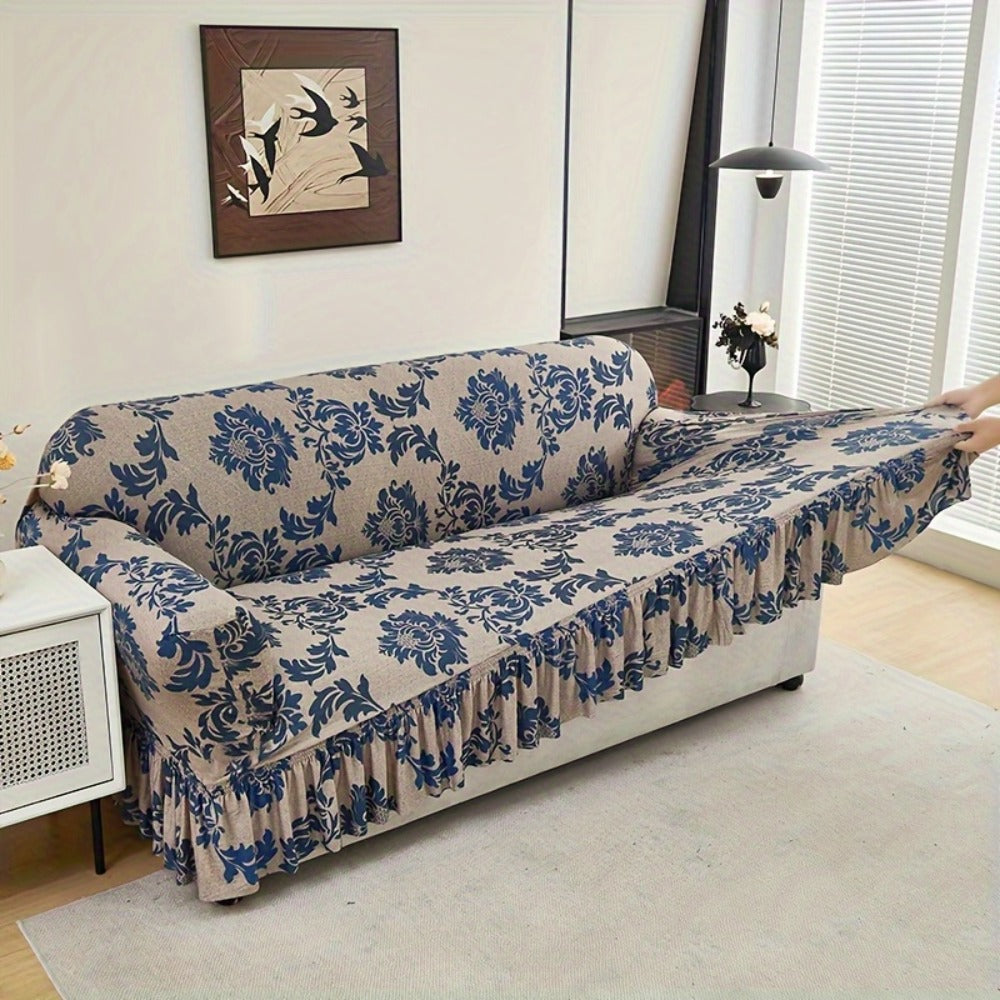 Stretch Sofa Cover Slipcover High-Stretch Fabric Ruffle Skirt Non-Slip Rod All-Season Snug Fit for 1 2 3 4 Seater Couch — Dark Blue with Pillow Cover