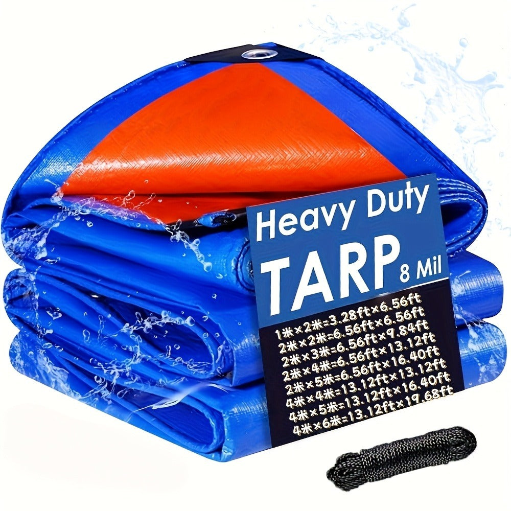 Heavy Duty Tarp Waterproof UV Resistant Tarpaulin – Thickened PE Double-Sided Blue Orange Rainproof Sun Shade Cover with Grommets & Rope for Outdoor Camping Garden Vehicle Boat Protection