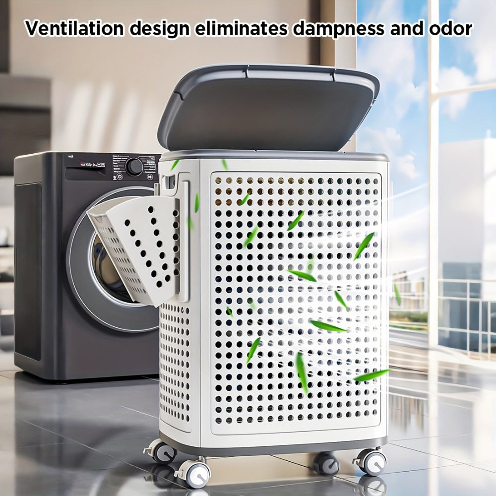 Wheeled Laundry Hamper Large Foldable with Dividers & Dust-Proof Lid – 360° Breathable Mesh Basket on Wheels, Reinforced Steel Base, Portable Clothes Organizer for Bedroom, Bathroom & Dorm
