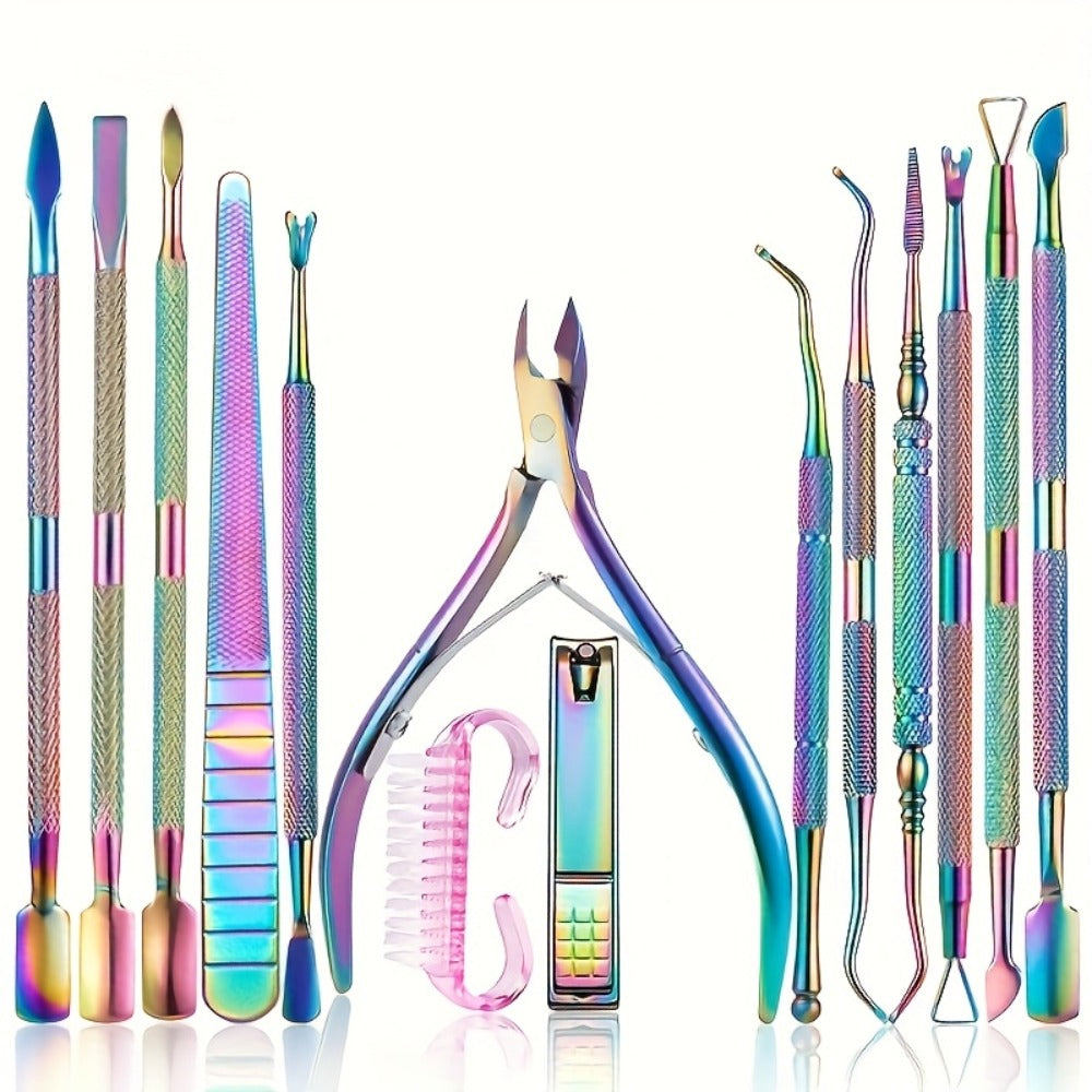 Nail Tech Kit 15pcs Professional Stainless Steel – Cuticle Nipper & Pusher Nail File Gel Polish Remover Complete Manicure Pedicure Tools with Storage Box, Salon & Home Nail Care Set Gift for Nail Technicians