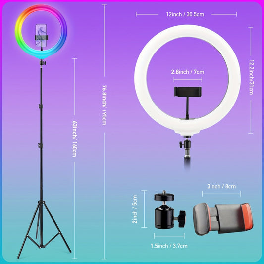 RGB Ring Light 12-Inch with 63-Inch Tripod, USB Power & Phone Stand