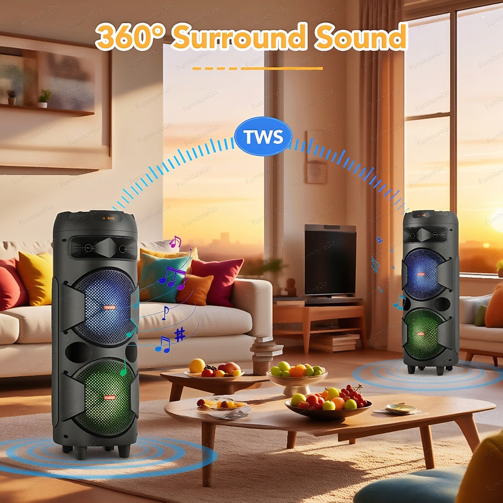 Wireless Party Speaker with Dual Subwoofers & RGB Lighting – FM Radio, USB/TF Card Playback, TWS Stereo Pairing, 20-Hour Battery, Portable Bluetooth Boombox for Outdoor & Indoor Parties