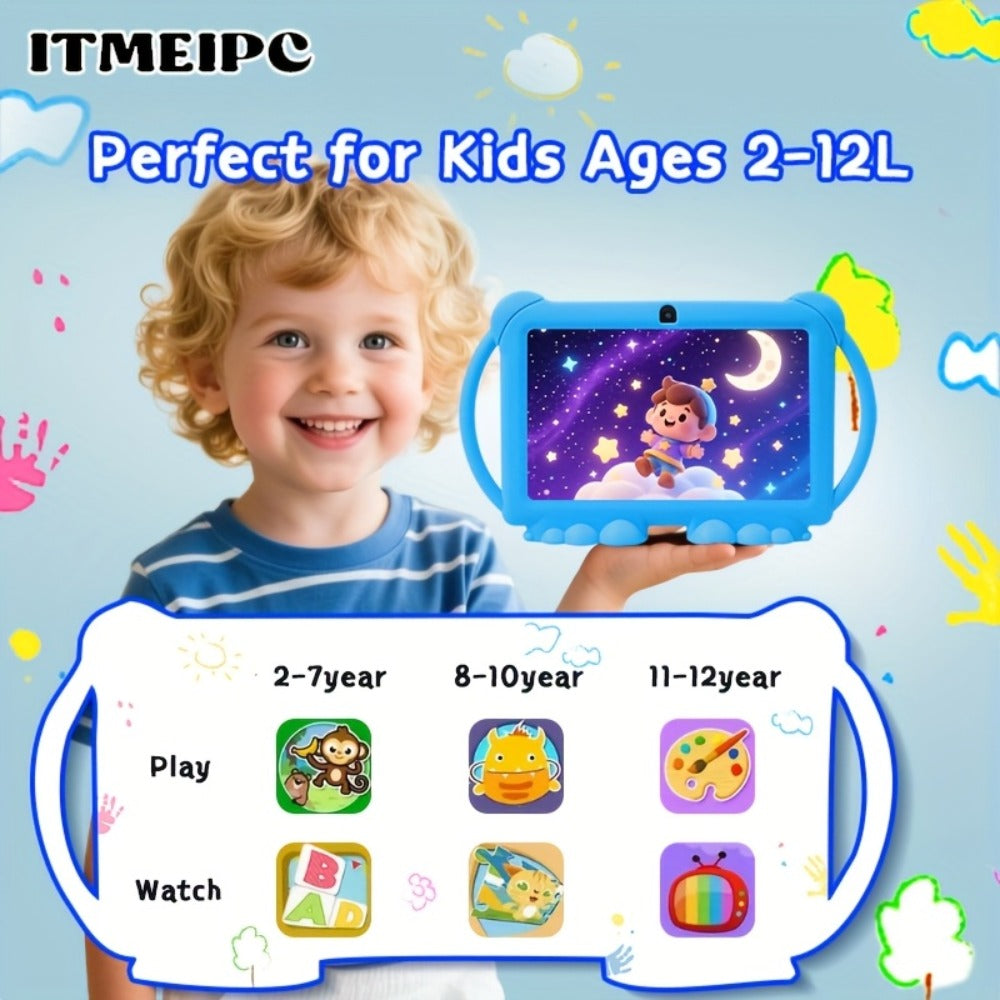 Kids Tablet 7 Inch Android 14 WiFi 6 4GB RAM 32GB ROM Dual Camera Parental Control Pre-installed Learning Apps HD Screen Protective Case Type-C Charging for Children Learning Entertainment