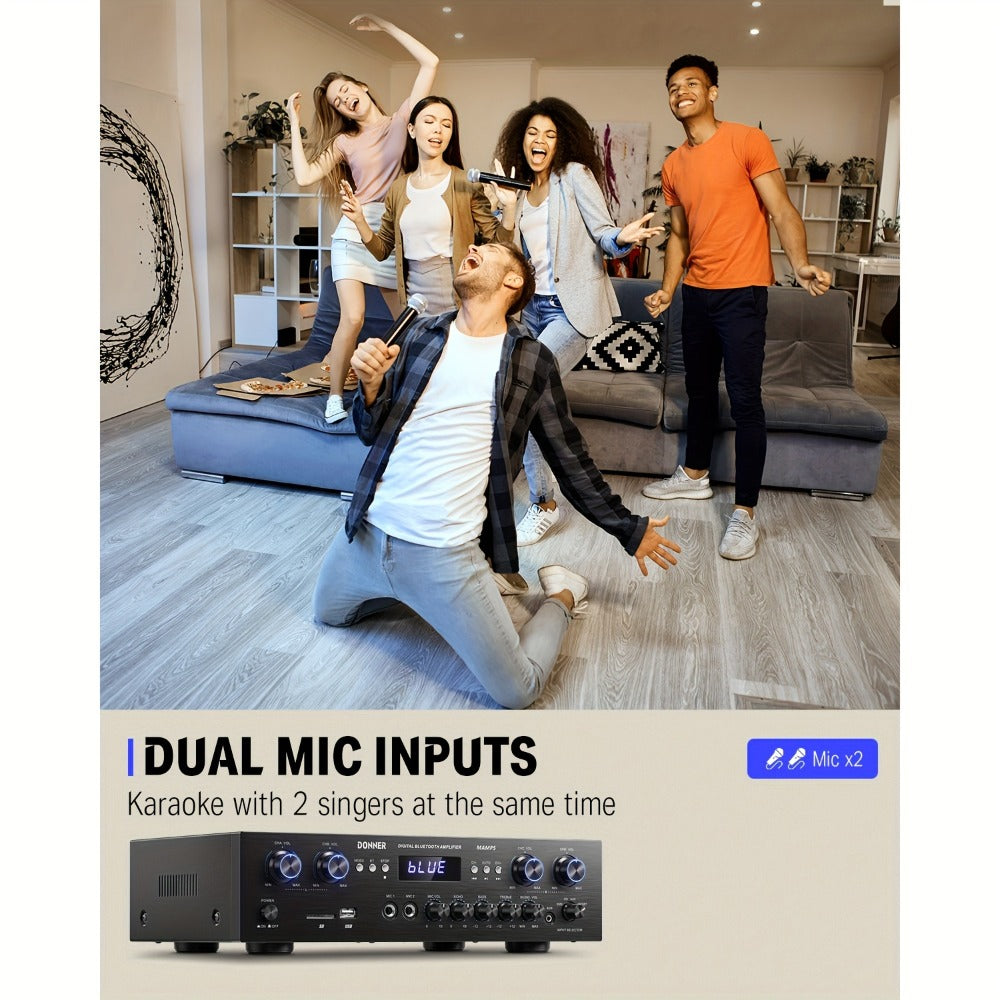 Donner 4-Channel Home Stereo Receiver Amplifier with USB SD FM Radio, Dual Mic Input Echo, RCA, LED Display for Home Sound System Karaoke Living Room