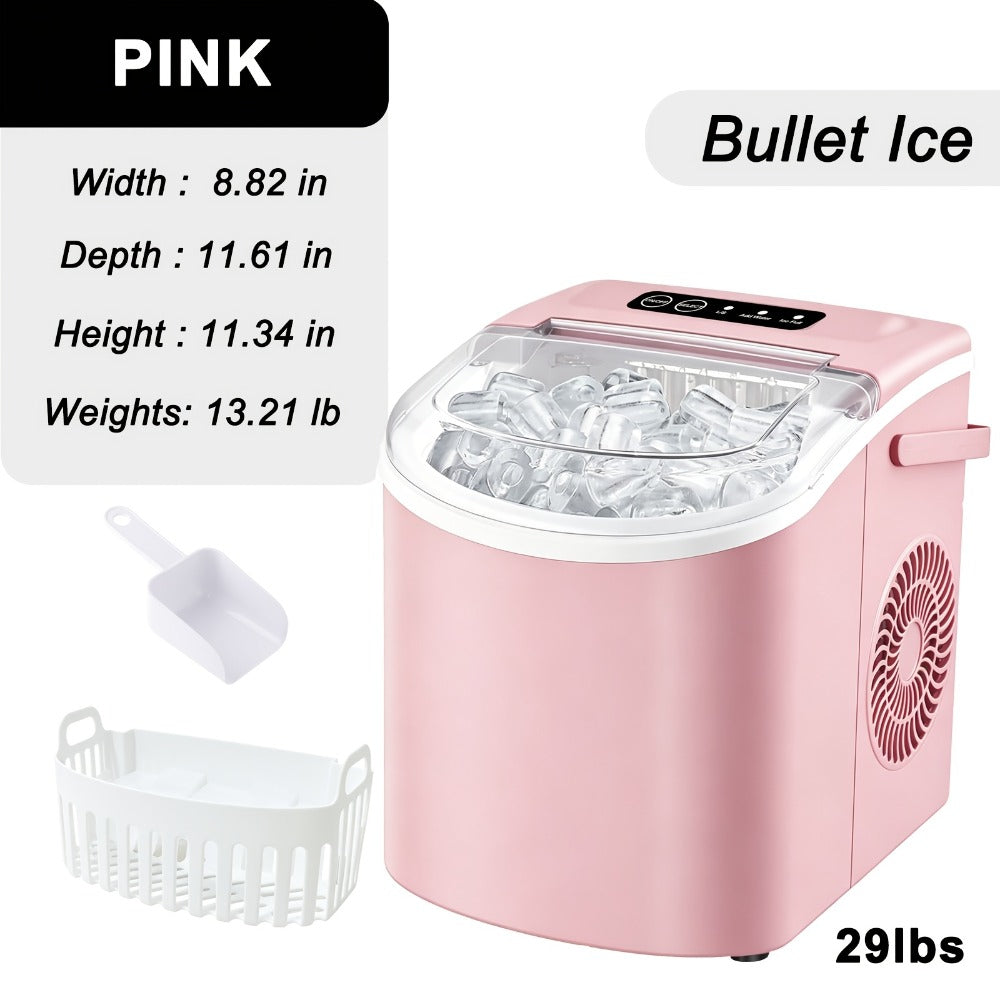 Ice Maker with Basket & Scoop – 26 Lbs/Day Countertop Bullet Ice Machine, 9 Cubes in 6 Mins, Self-Cleaning, 5 Colors Pink White Green Silver Black, for Home, Kitchen, Office, Bar, RV & Camping