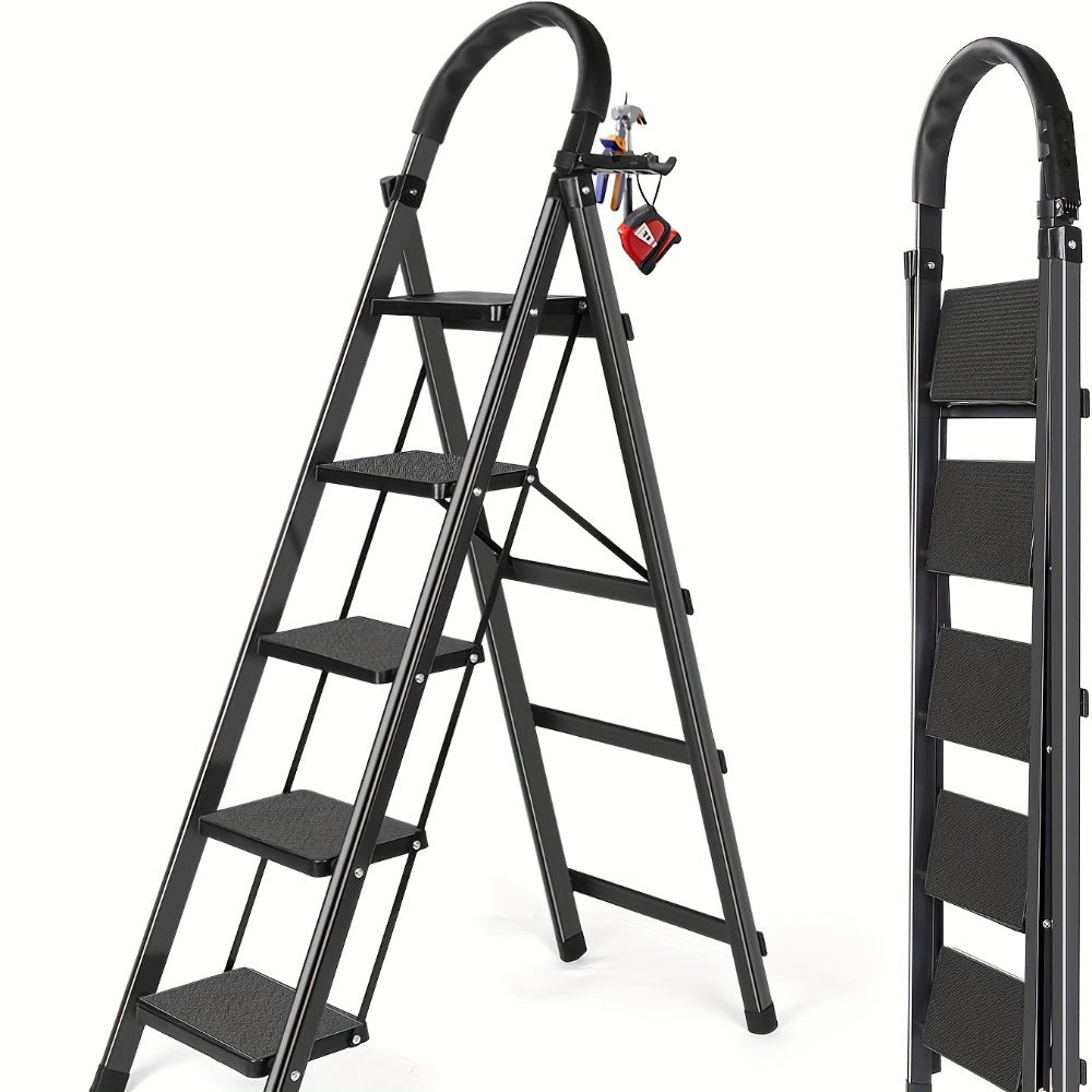 Folding Step Ladder 3 / 4 / 5 Step with Anti-Slip Pedal & Tool Tray – 450 LBS Capacity Portable Steel Step Stool for Adults, Home, Kitchen, Library & Office Use – Red & Black Options